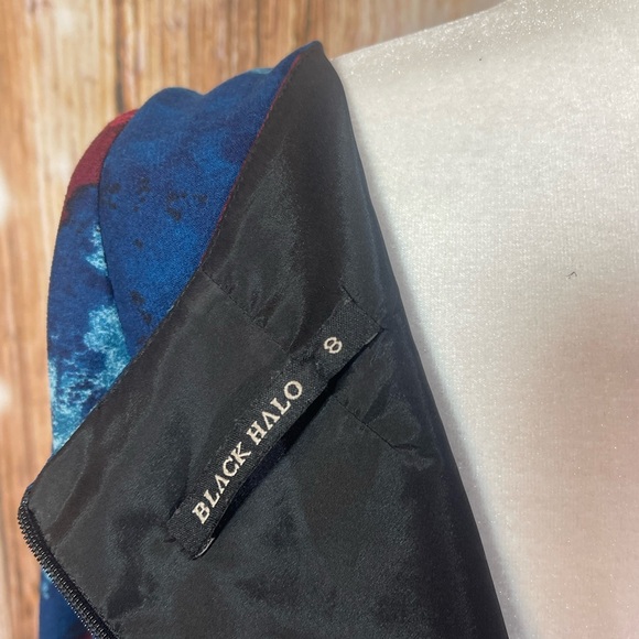 Black Halo Sheath Dress Womens 8 Floral Petrol Blue Red Zipper Side Slit - Picture 8 of 9